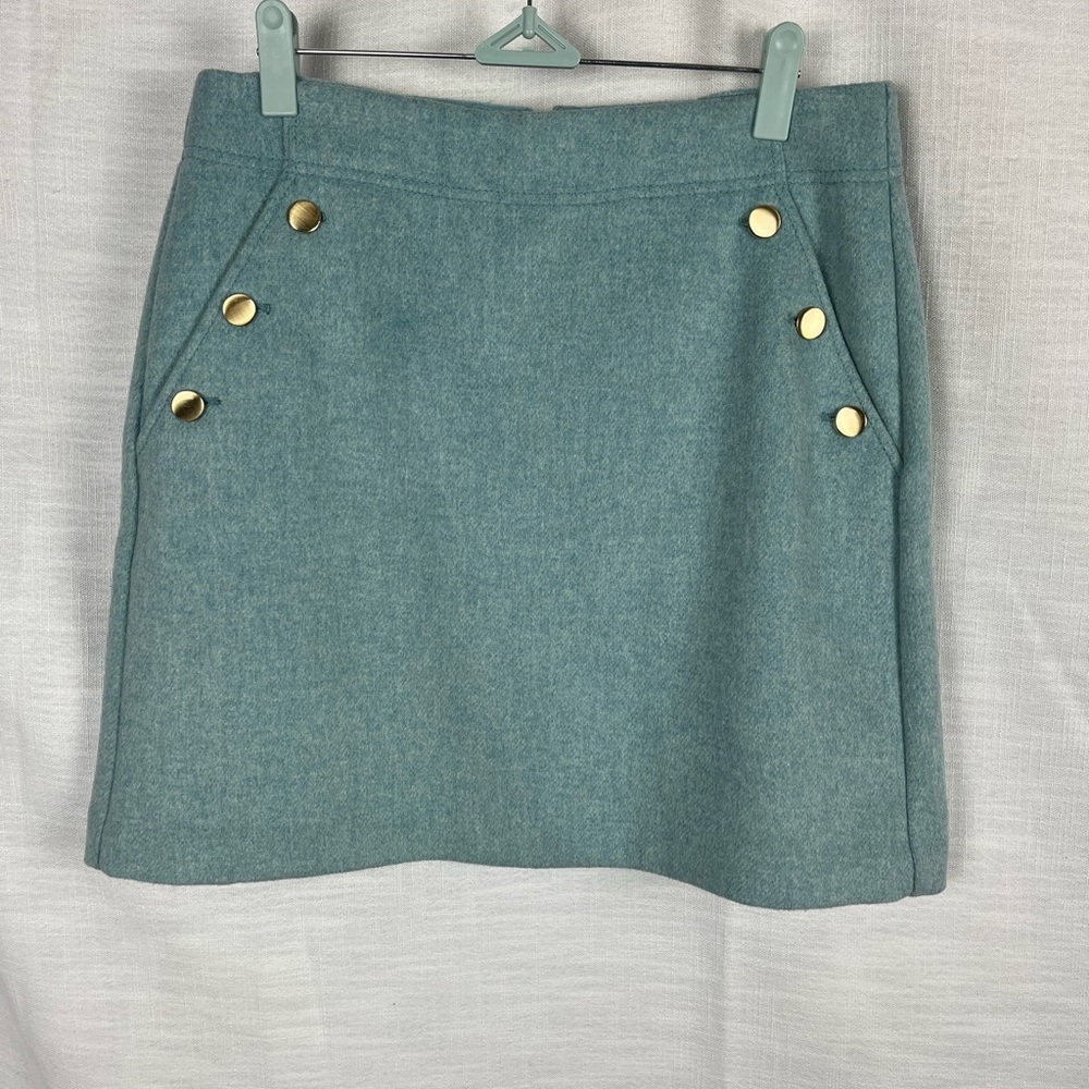 LOFT Teal A-Line Mini Skirt 50% Wool Blend with Gold Button Accents
